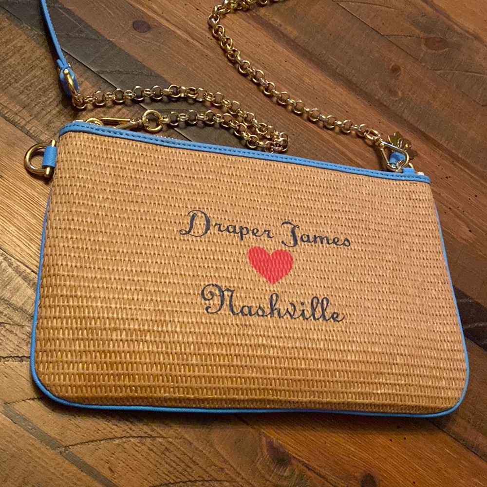 Draper James Straw Crossbody with Blue Trim and Gold Chain